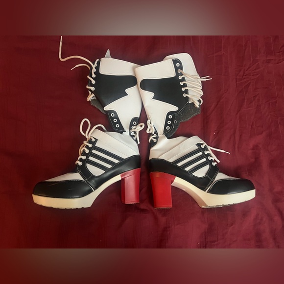 Suicide Squad Harley Quinn Cosplay Black and White Women's Boots with Red Heels - Picture 2 of 6